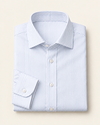 Illustrative white dress shirt with fine blue stripes, folded to show the collar and cuff.